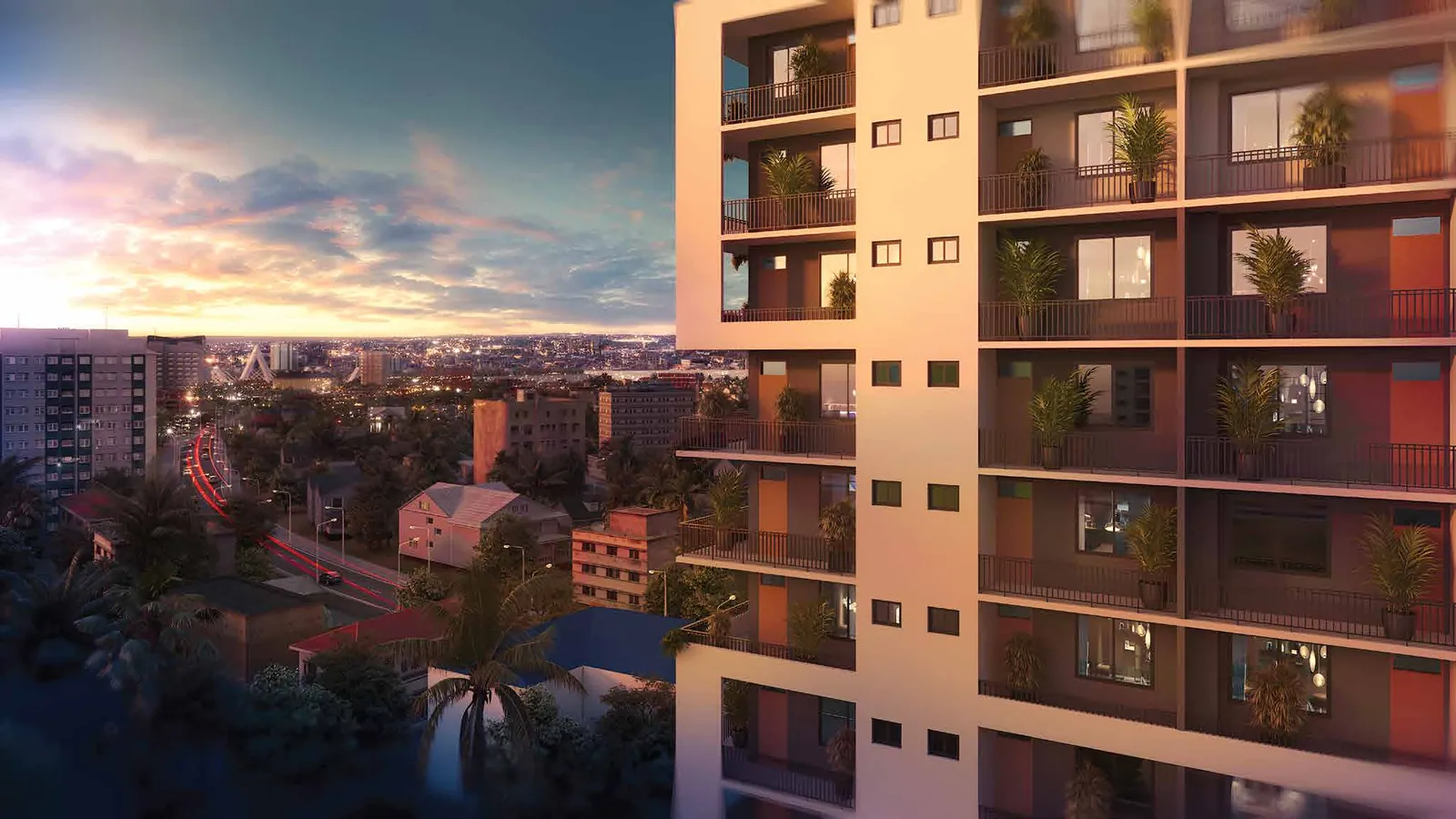 Delta's planted balconies at dusk above the city lights