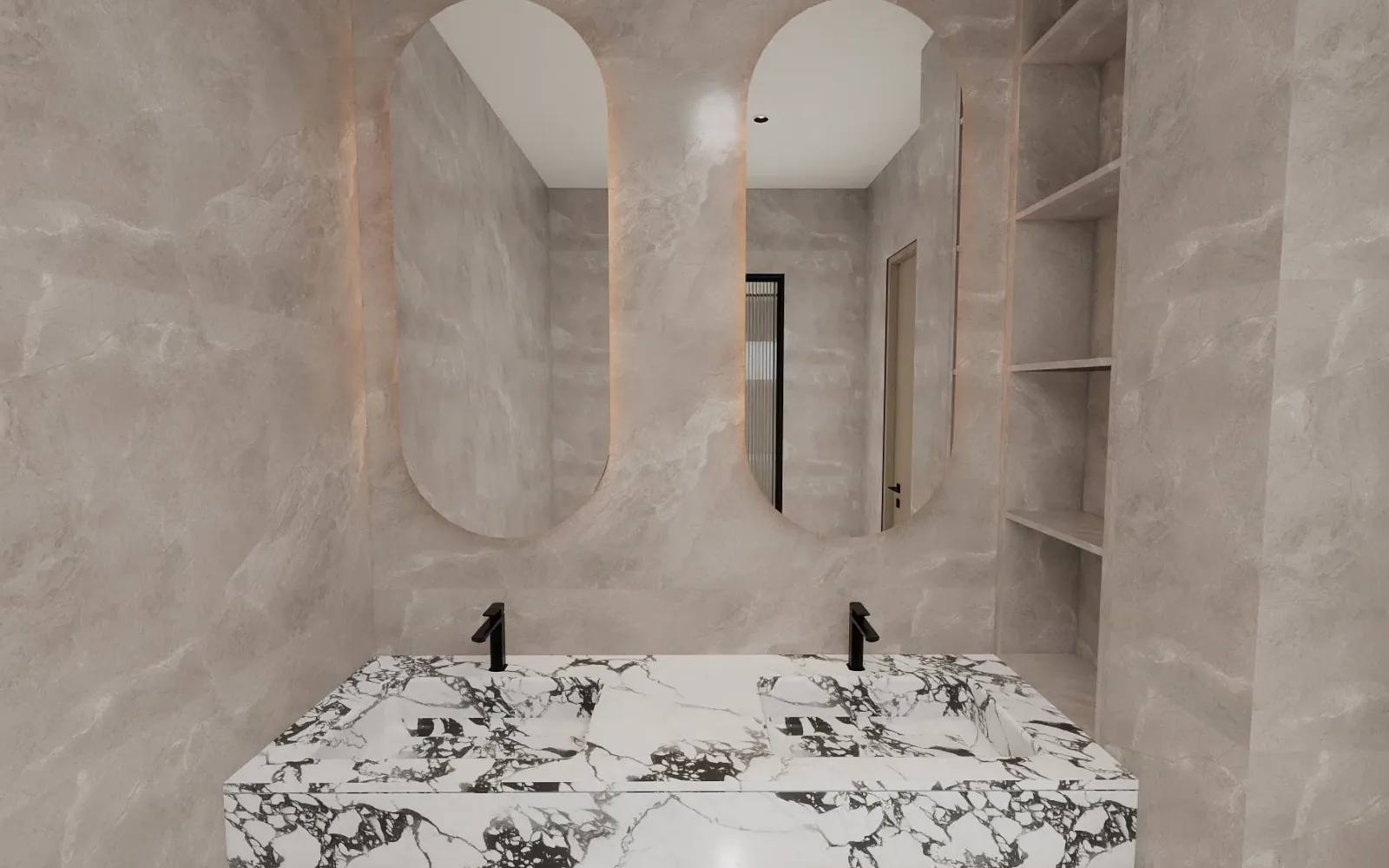 Master bathroom with a marble double vanity and arched mirrors