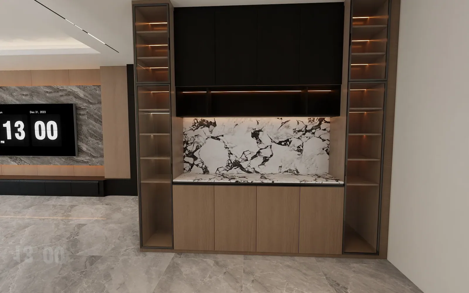 Oak and black coffee bar with a marble backsplash
