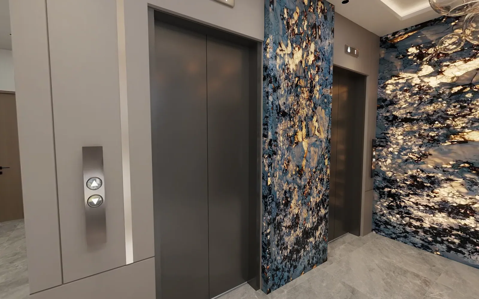 Lift lobby with blue stone feature walls