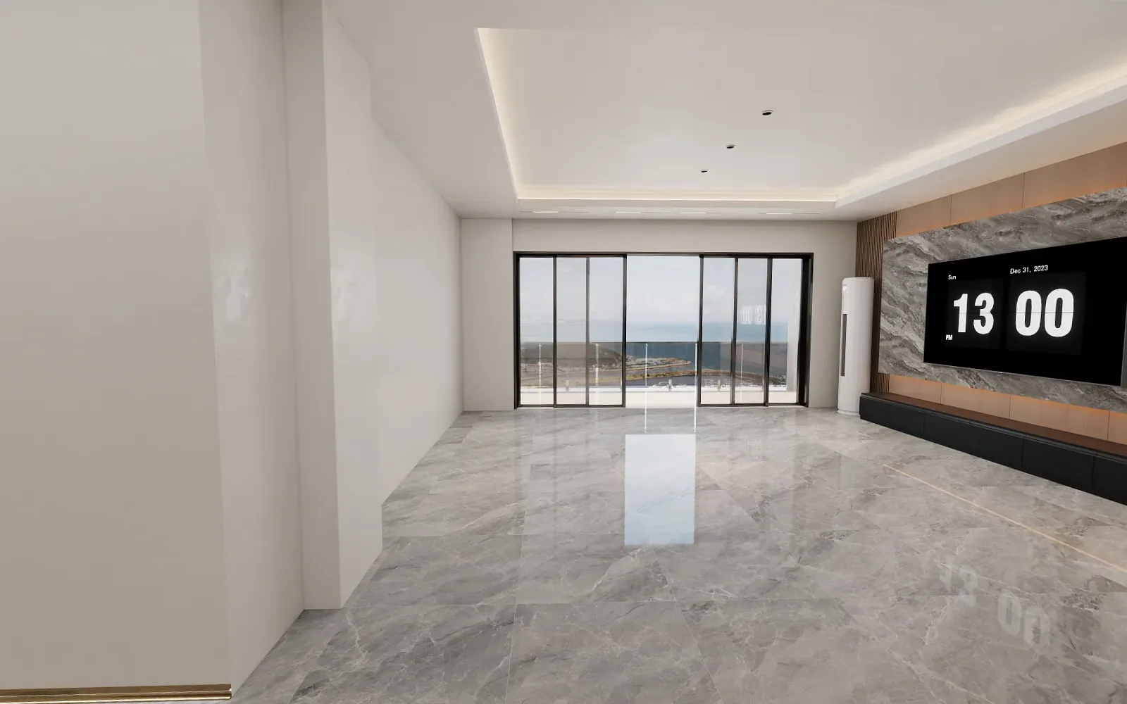 Type A lounge with marble-look floor and a marble feature wall