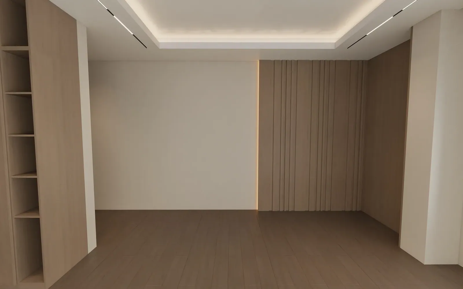 Master bedroom with oak floor and slatted oak wall