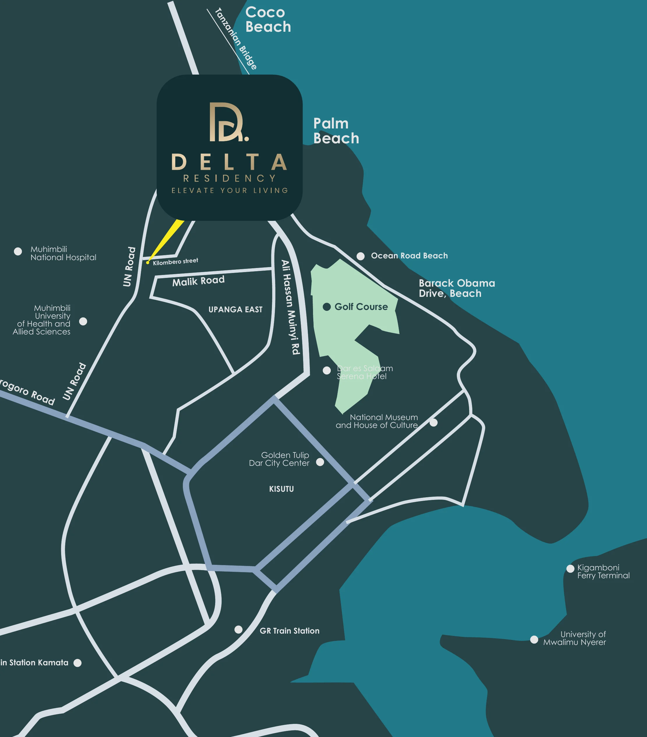 Map of Upanga showing Delta Residency on Kilombero Street near the golf course, beaches, Muhimbili Hospital and the city centre