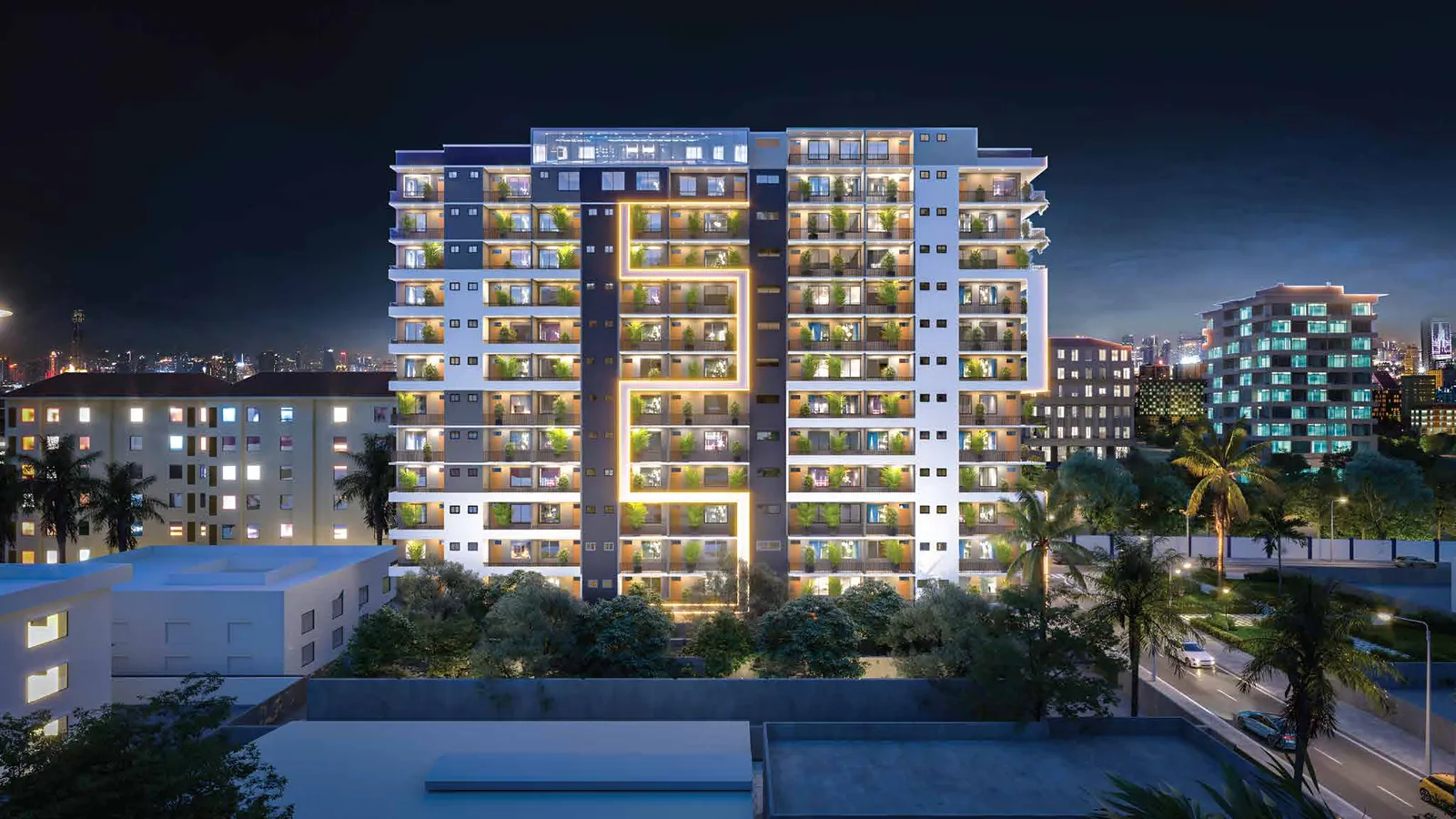 Delta Residency's front elevation at night with its golden light line