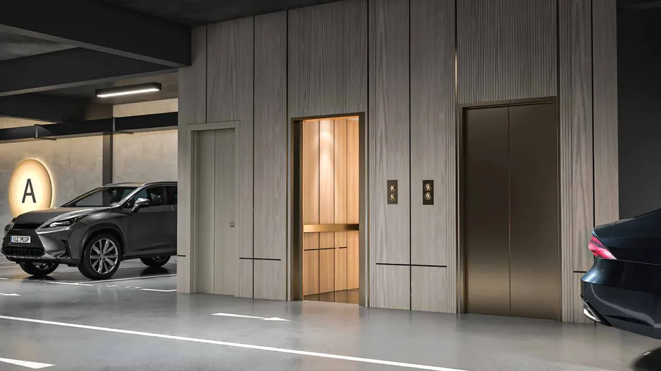 Basement parking beside a timber-lined lift lobby