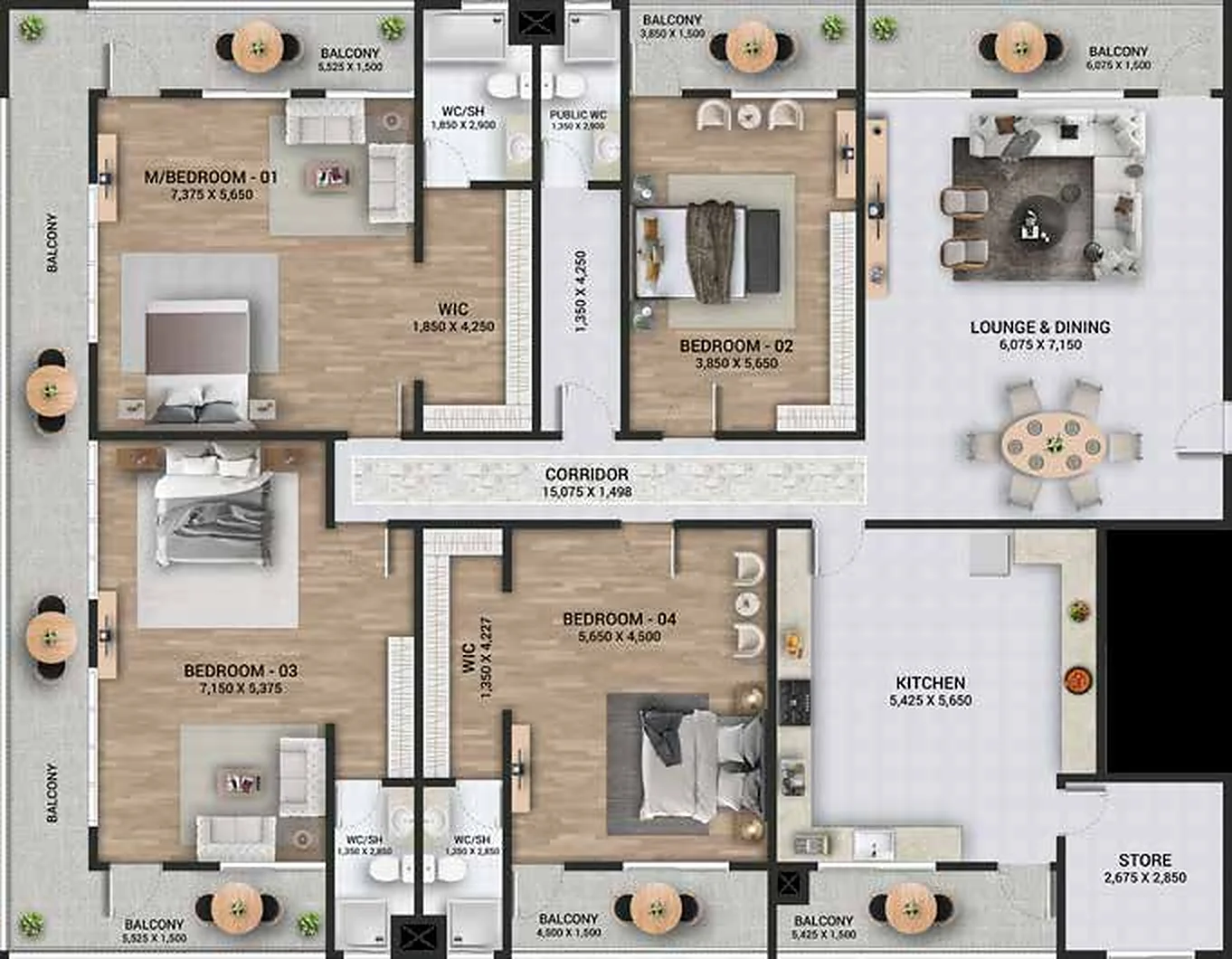 Floor plan of the Type A four-bedroom apartment