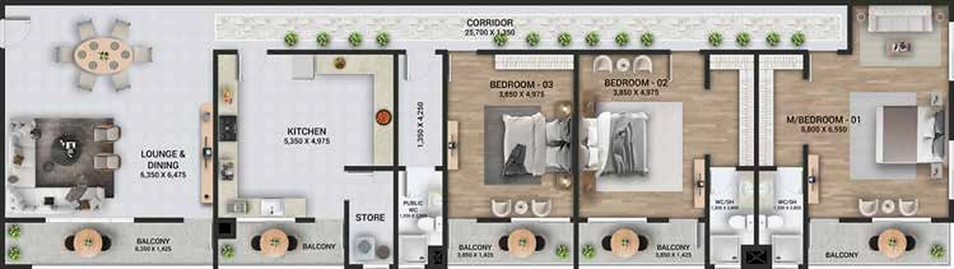 Floor plan of the Type B and C three-bedroom apartment