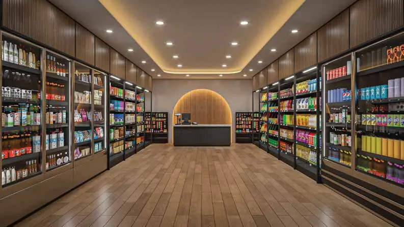 On-site convenience shop with oak floor and stocked shelves